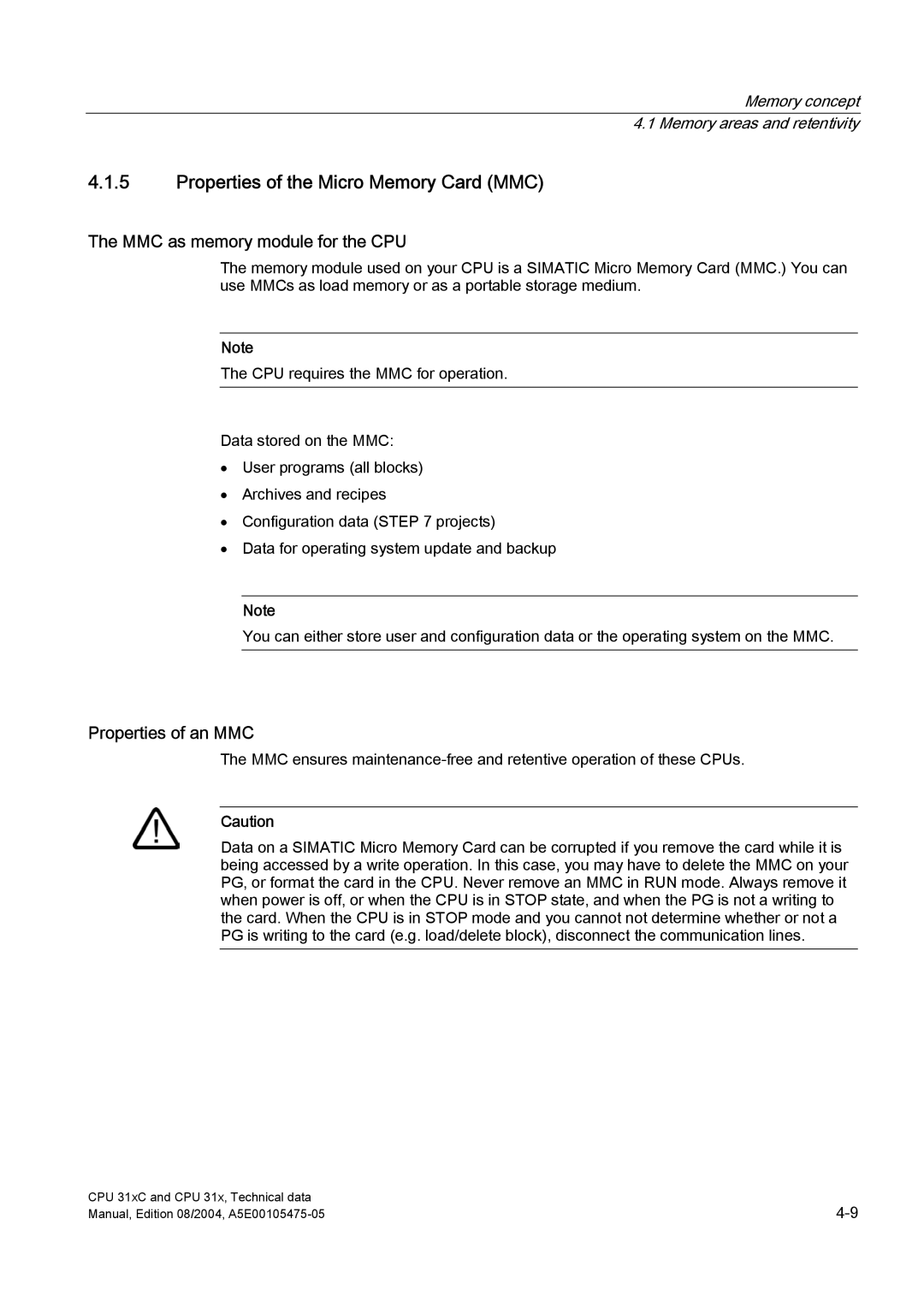 Siemens S7-300 appendix Properties of the Micro Memory Card MMC, MMC as memory module for the CPU, Properties of an MMC 