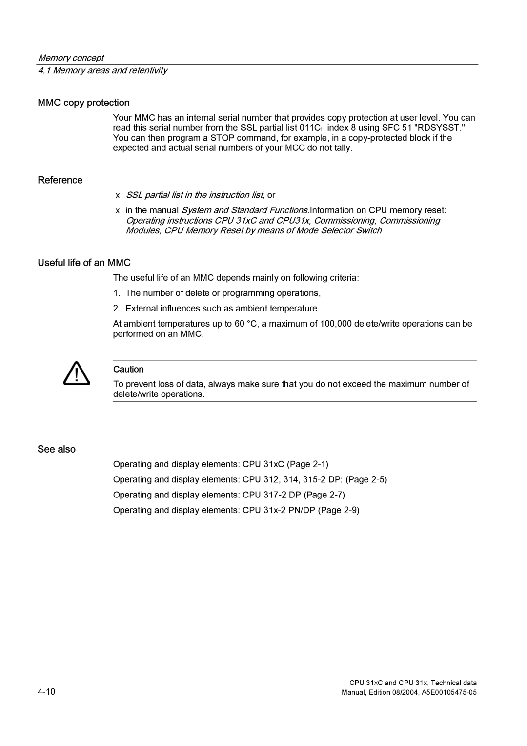 Siemens S7-300 appendix MMC copy protection, Useful life of an MMC 