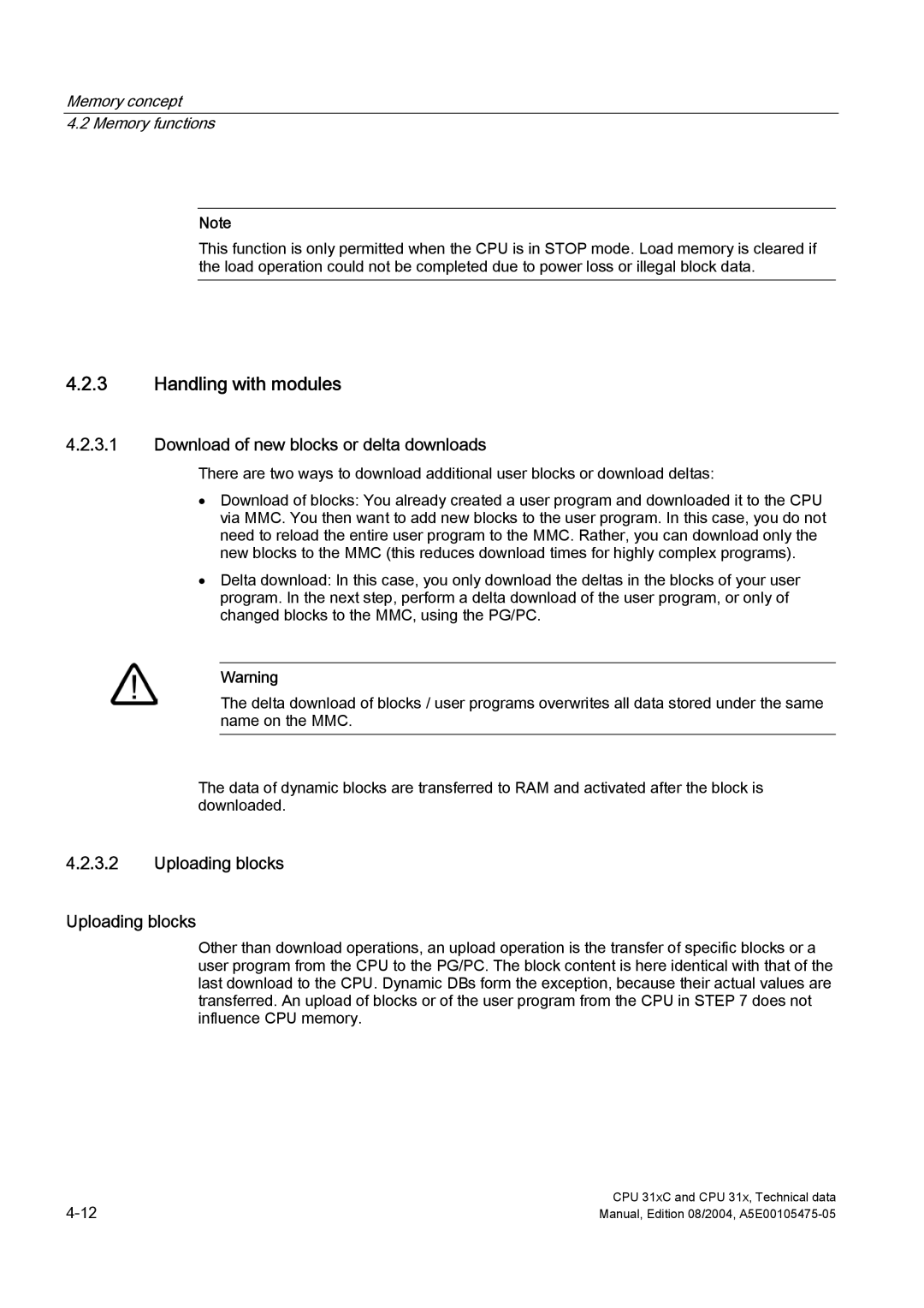 Siemens S7-300 appendix Handling with modules, Download of new blocks or delta downloads, Uploading blocks 