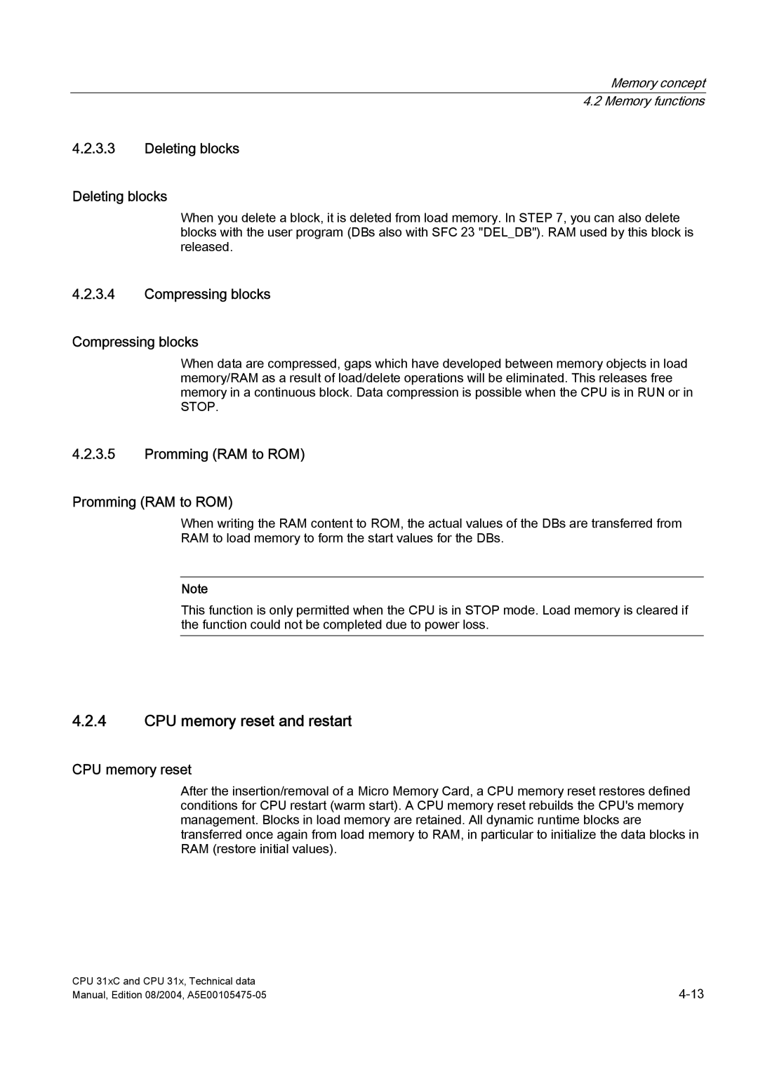 Siemens S7-300 appendix CPU memory reset and restart, Deleting blocks, Compressing blocks, Promming RAM to ROM 