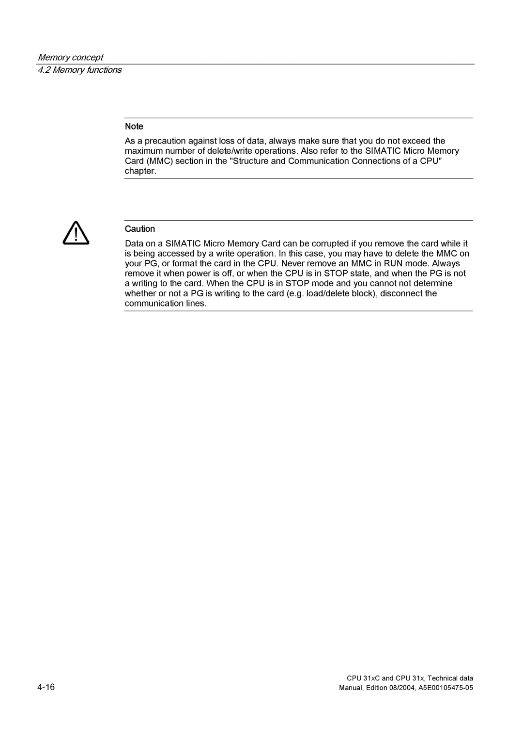 Siemens S7-300 appendix Memory concept Memory functions 