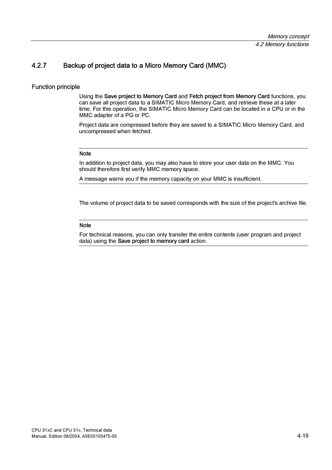 Siemens S7-300 appendix Backup of project data to a Micro Memory Card MMC, Function principle 