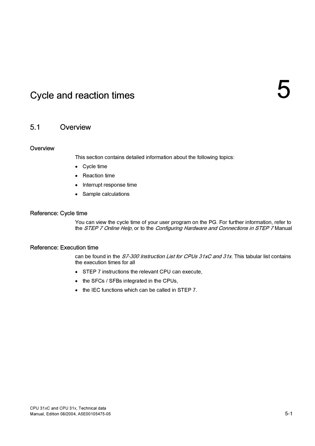 Siemens S7-300 appendix Overview, Reference Cycle time, Reference Execution time 