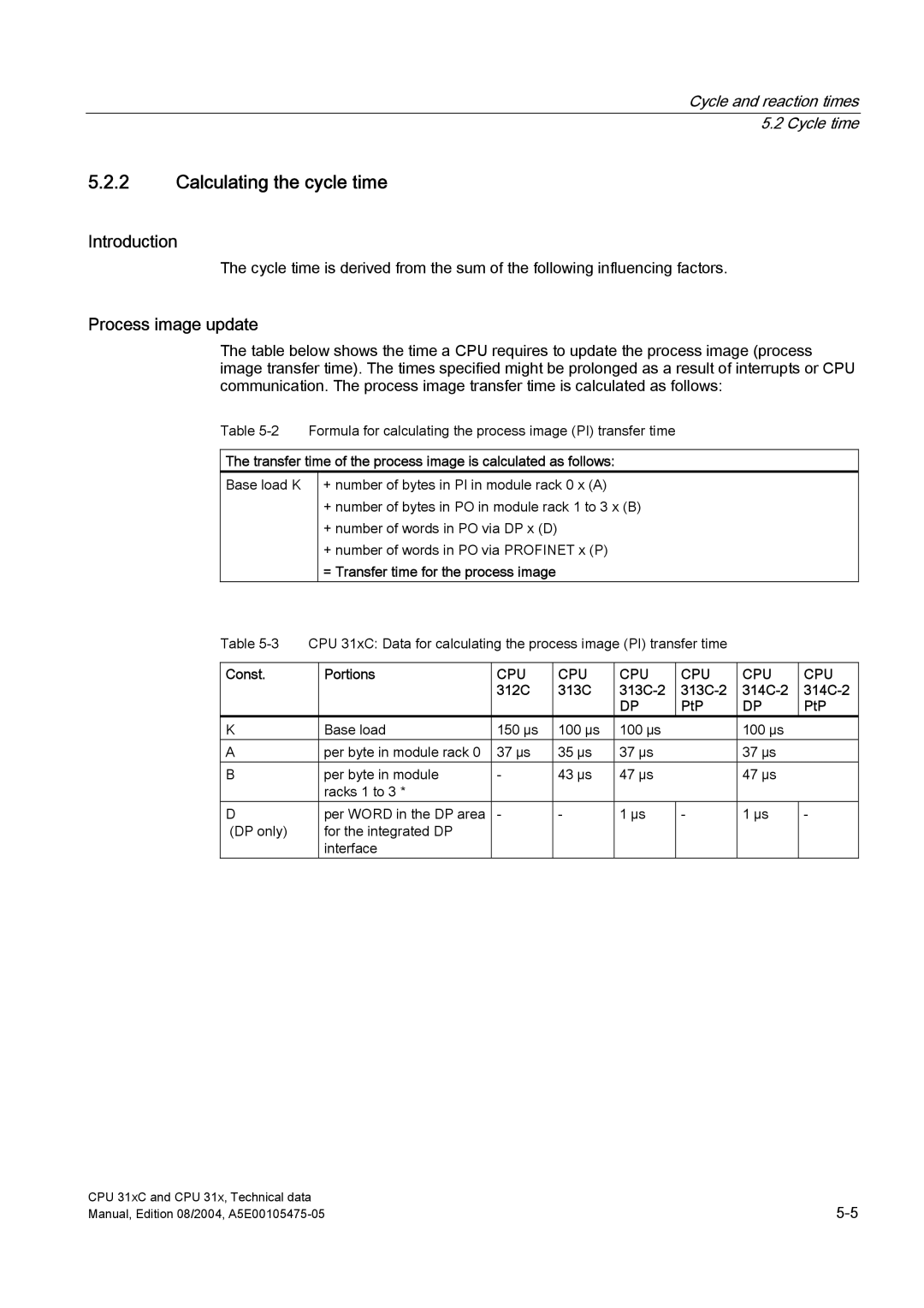 Siemens S7-300 appendix Calculating the cycle time, Process image update 