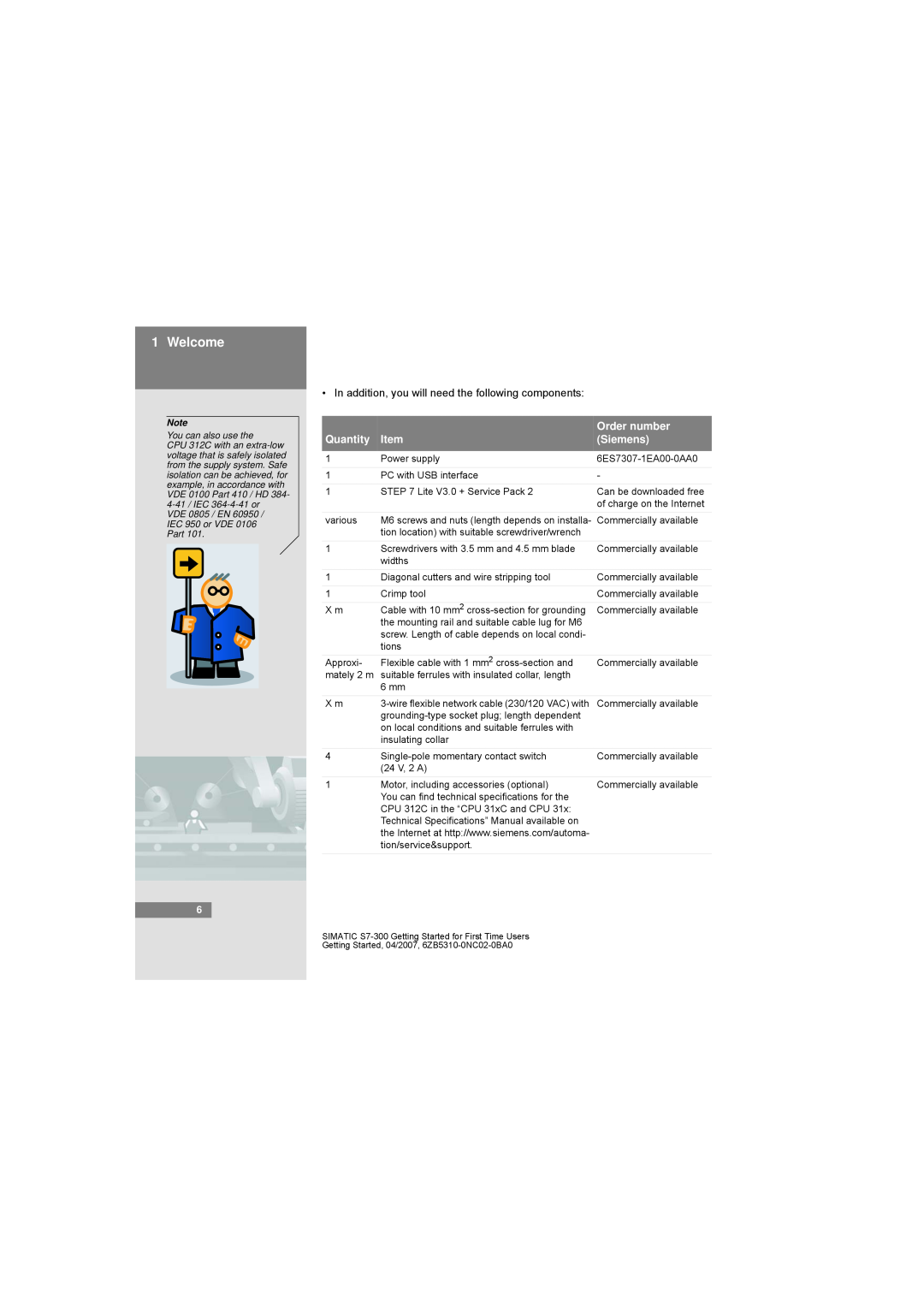 Siemens S7-300 manual Welcome, In addition, you will need the following components, Order number, Quantity, Siemens 