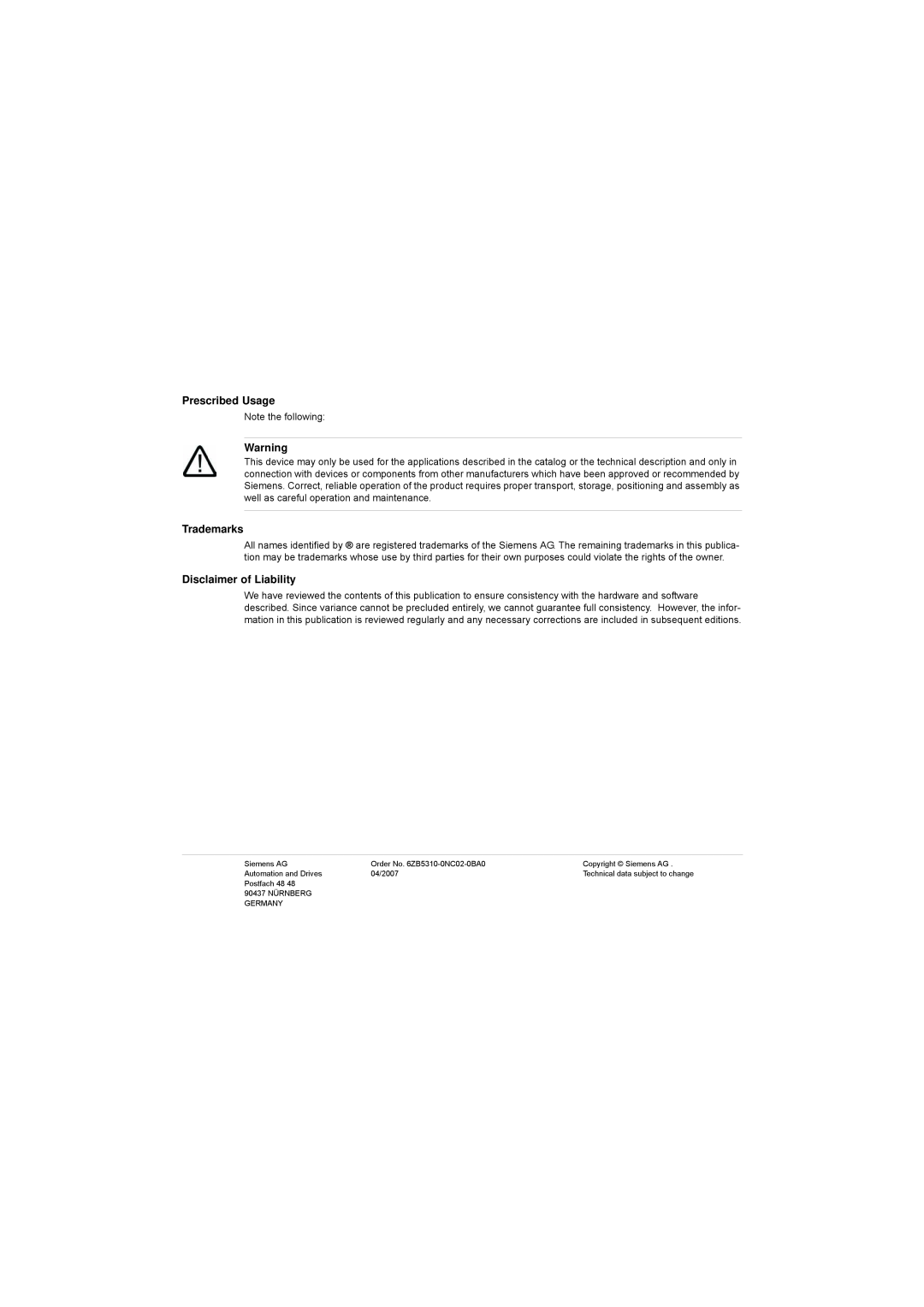 Siemens S7-300 manual Prescribed Usage, Trademarks, Disclaimer of Liability 