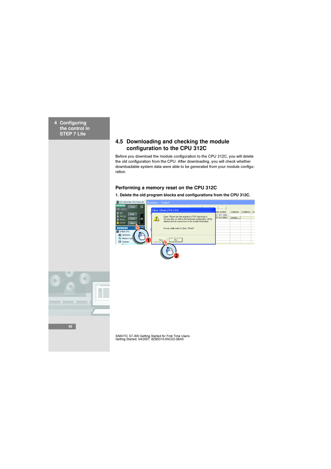 Siemens S7-300 manual Downloading and checking the module configuration to the CPU 312C, Configuring the control in Lite 