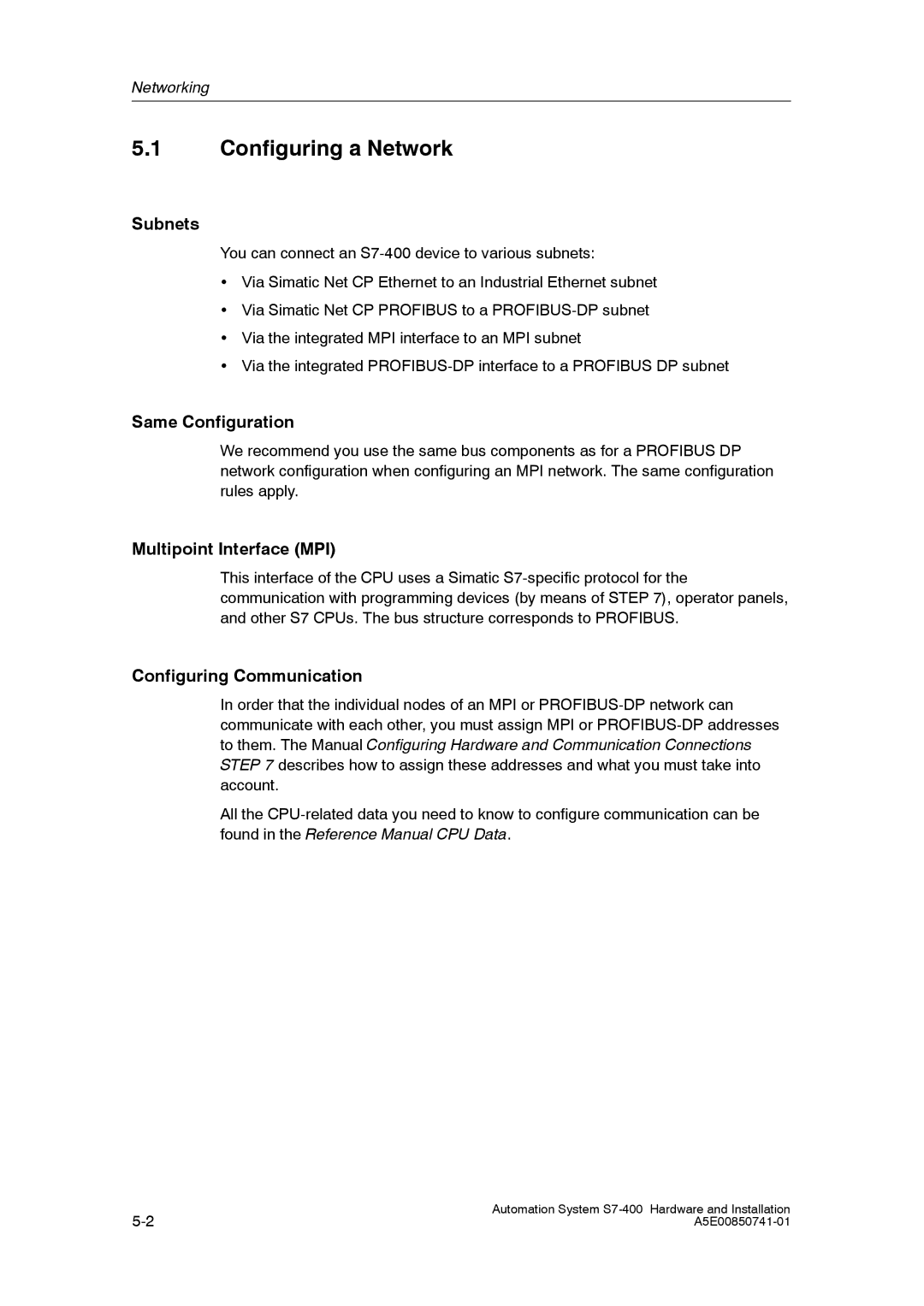 Siemens S7-400 Configuring a Network, Subnets, Same Configuration, Multipoint Interface MPI, Configuring Communication 