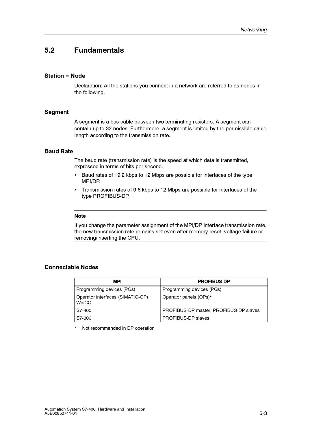 Siemens S7-400 installation manual Fundamentals, Station = Node, Segment, Baud Rate, Connectable Nodes 