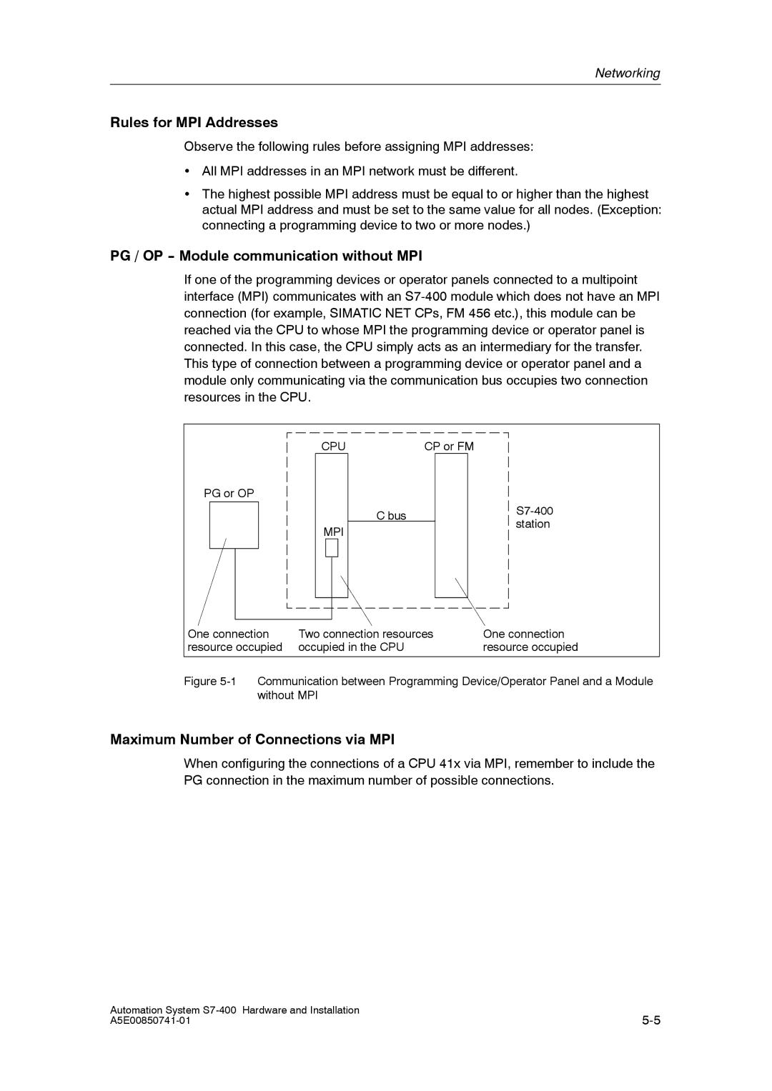 Siemens S7-400 Rules for MPI Addresses, PG / OP -- Module communication without MPI, Maximum Number of Connections via MPI 