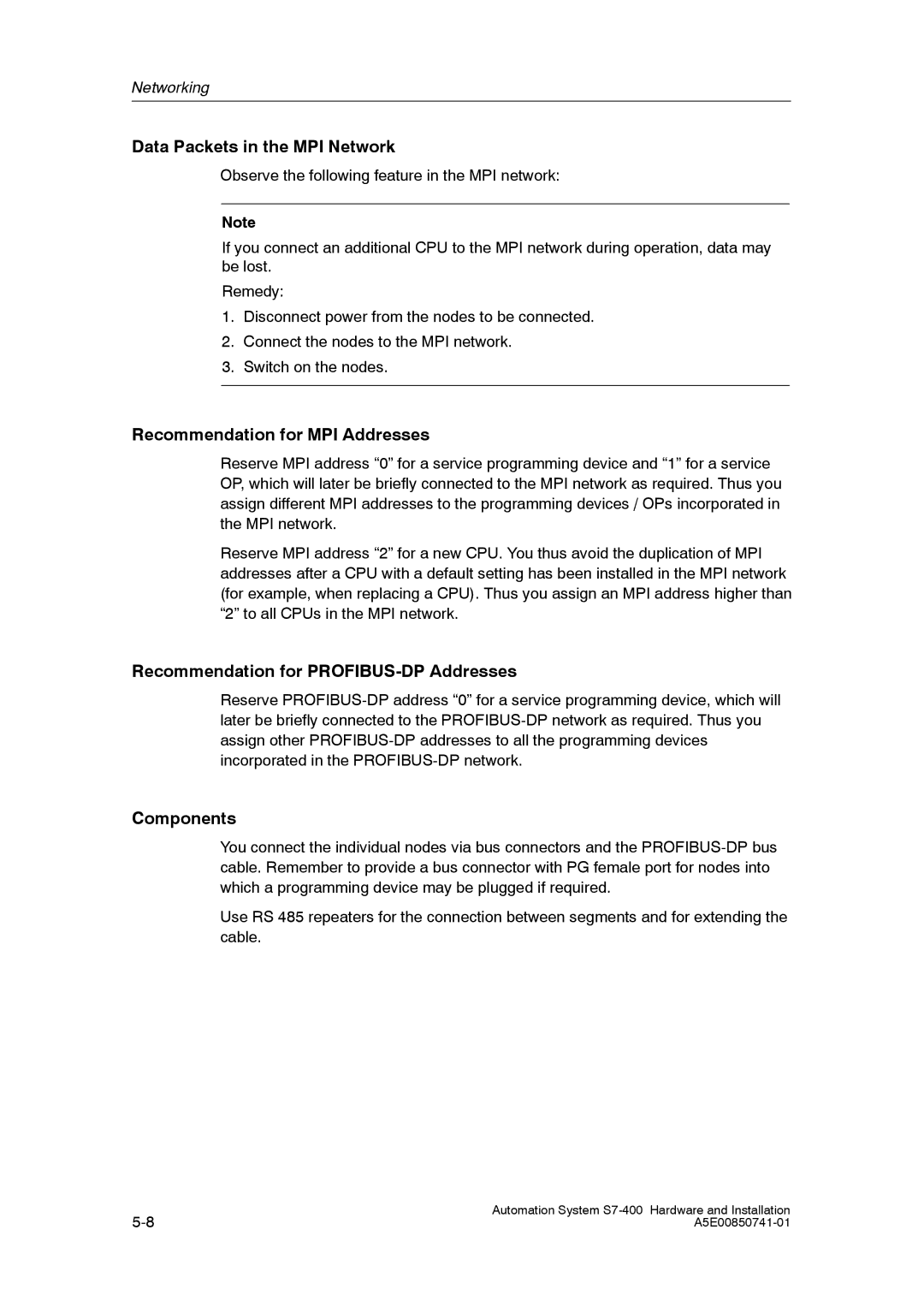 Siemens S7-400 Data Packets in the MPI Network, Recommendation for MPI Addresses, Recommendation for PROFIBUS-DP Addresses 