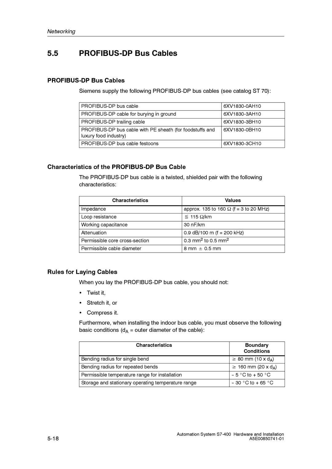 Siemens S7-400 PROFIBUS-DP Bus Cables, Characteristics of the PROFIBUS-DP Bus Cable, Rules for Laying Cables 