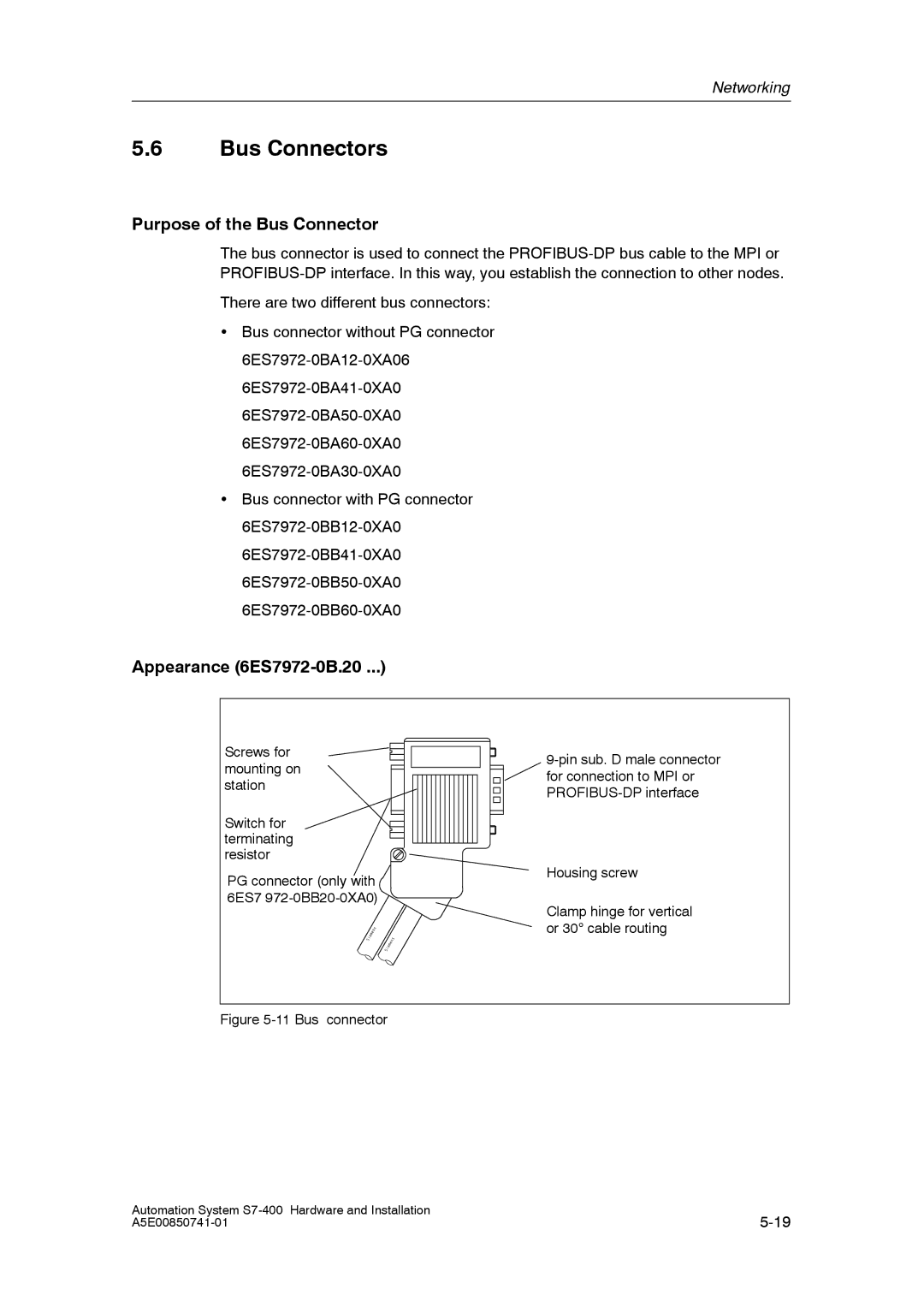 Siemens S7-400 installation manual Bus Connectors, Purpose of the Bus Connector, Appearance 6ES7972-0B.20 