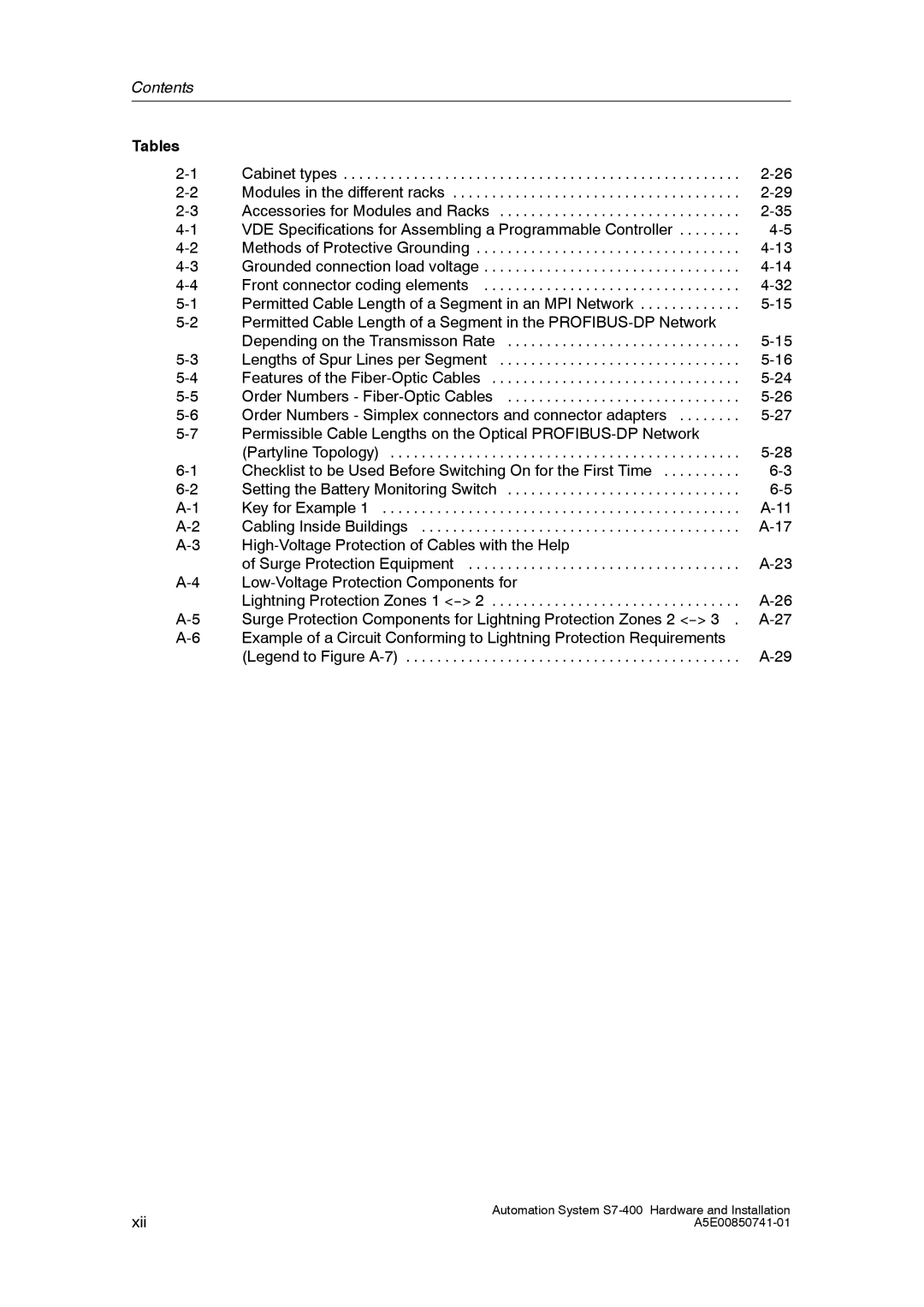 Siemens S7-400 installation manual Tables 