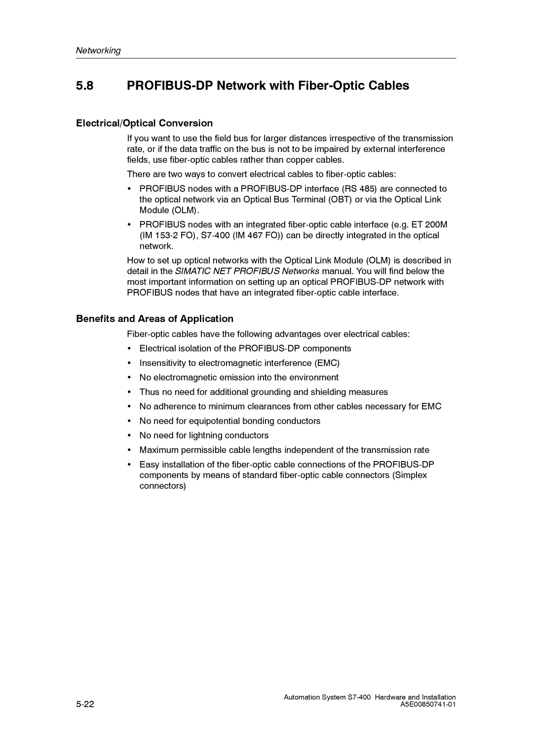 Siemens S7-400 installation manual PROFIBUS-DP Network with Fiber-Optic Cables, Electrical/Optical Conversion 