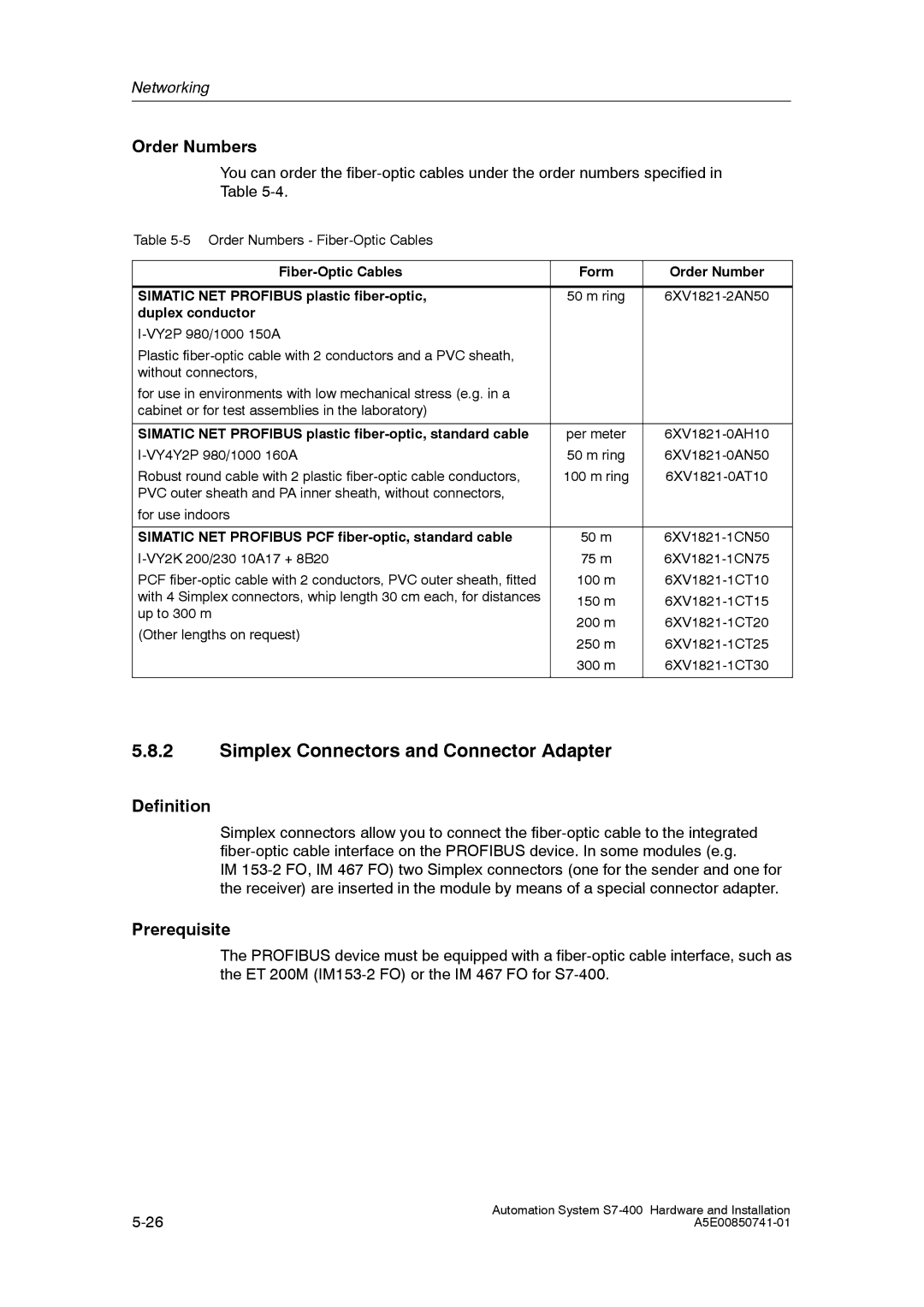 Siemens S7-400 installation manual Order Numbers, Prerequisite, Simatic NET Profibus plastic fiber-optic, standard cable 