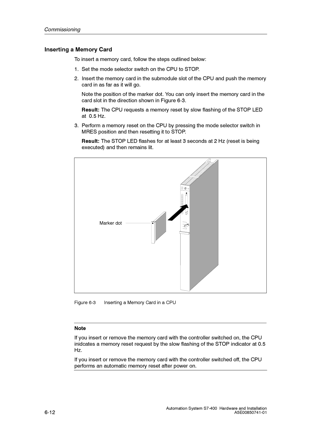 Siemens S7-400 installation manual Inserting a Memory Card in a CPU 