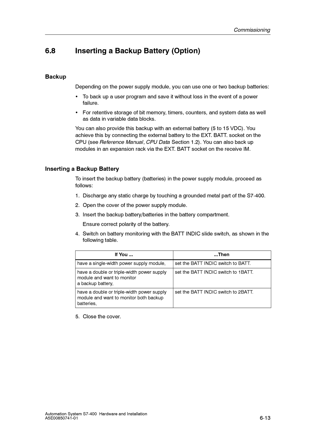 Siemens S7-400 installation manual Inserting a Backup Battery Option 