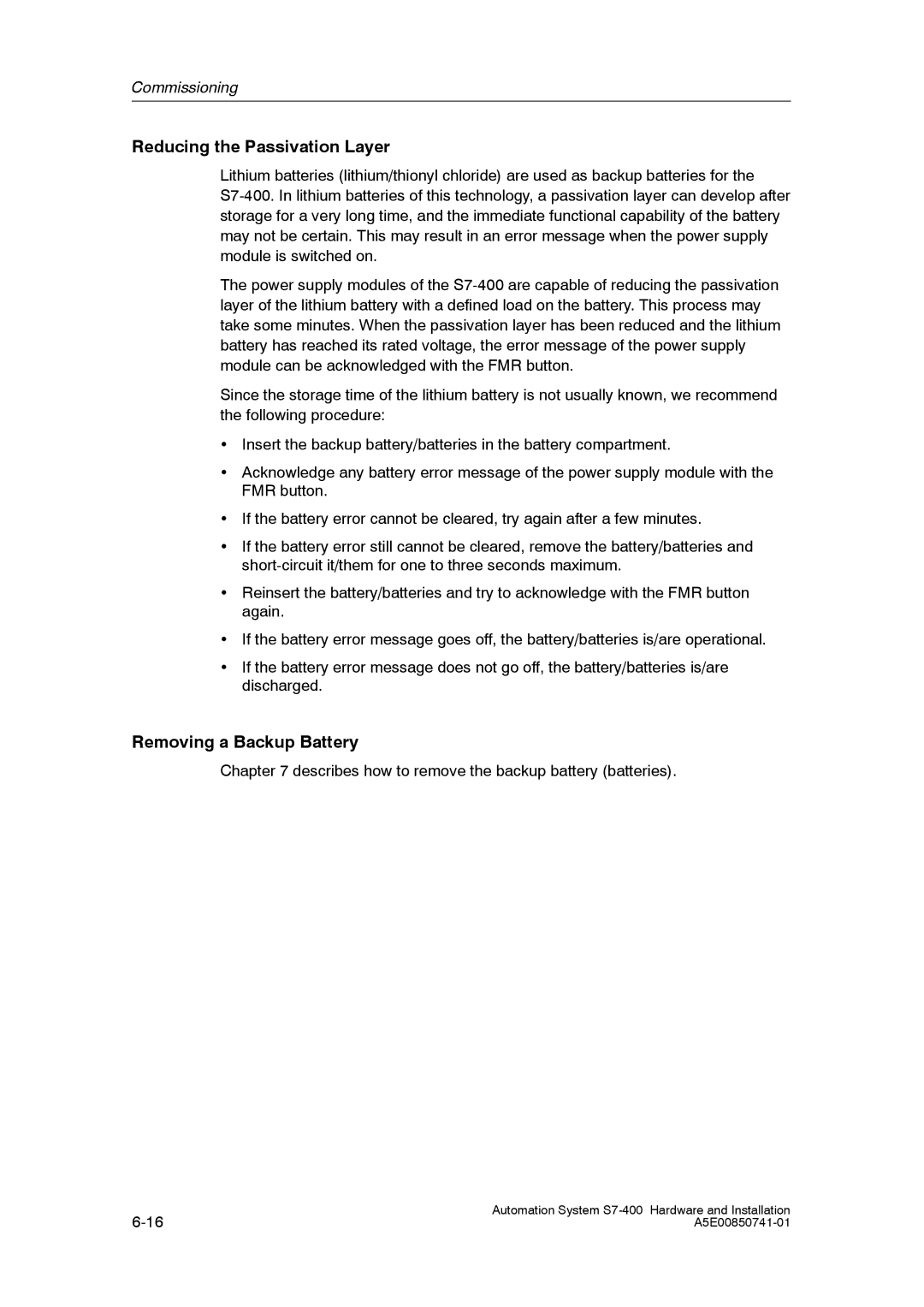 Siemens S7-400 installation manual Reducing the Passivation Layer, Removing a Backup Battery 