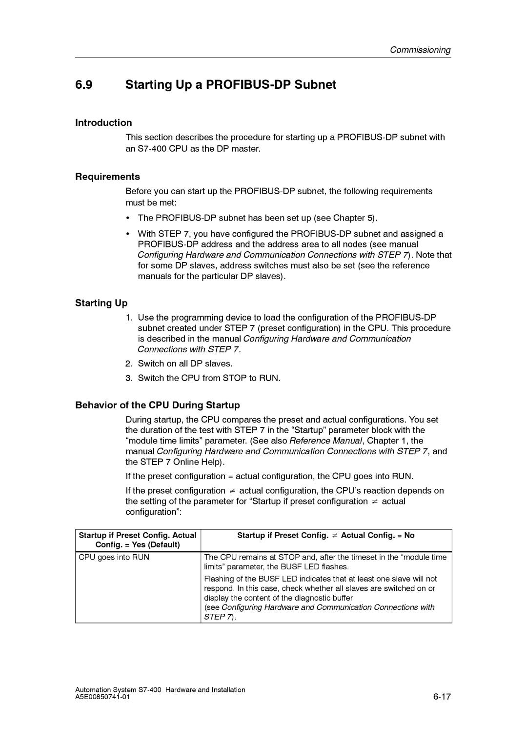 Siemens S7-400 installation manual Starting Up a PROFIBUS-DP Subnet, Requirements, Behavior of the CPU During Startup 