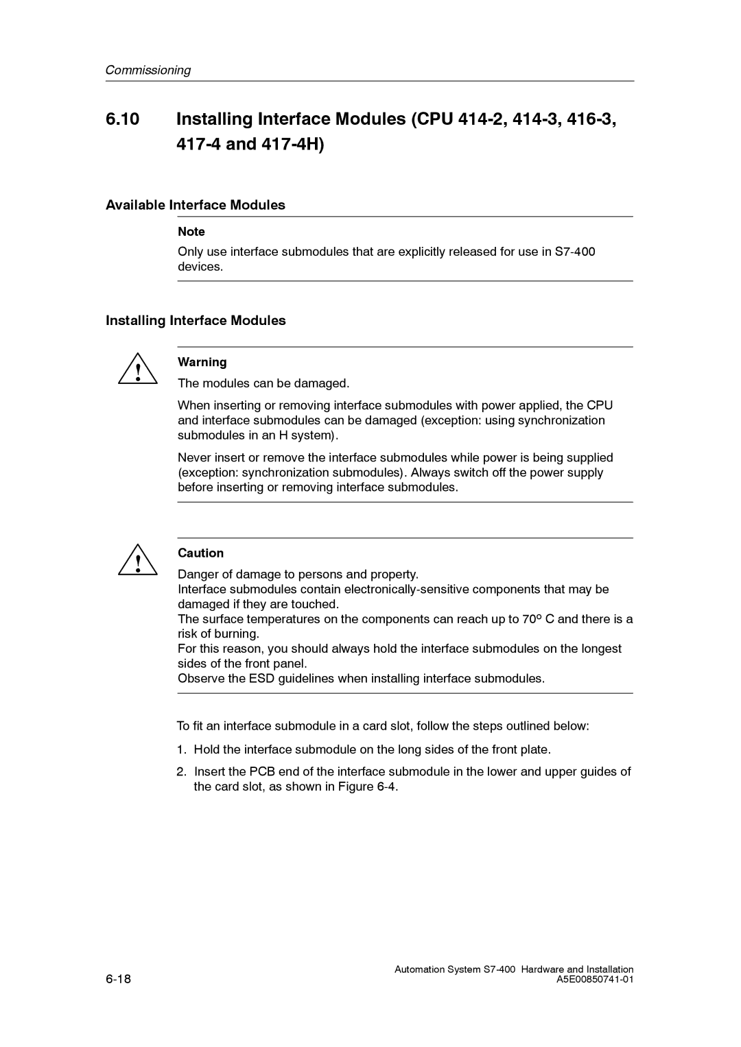 Siemens S7-400 installation manual Available Interface Modules, Installing Interface Modules 