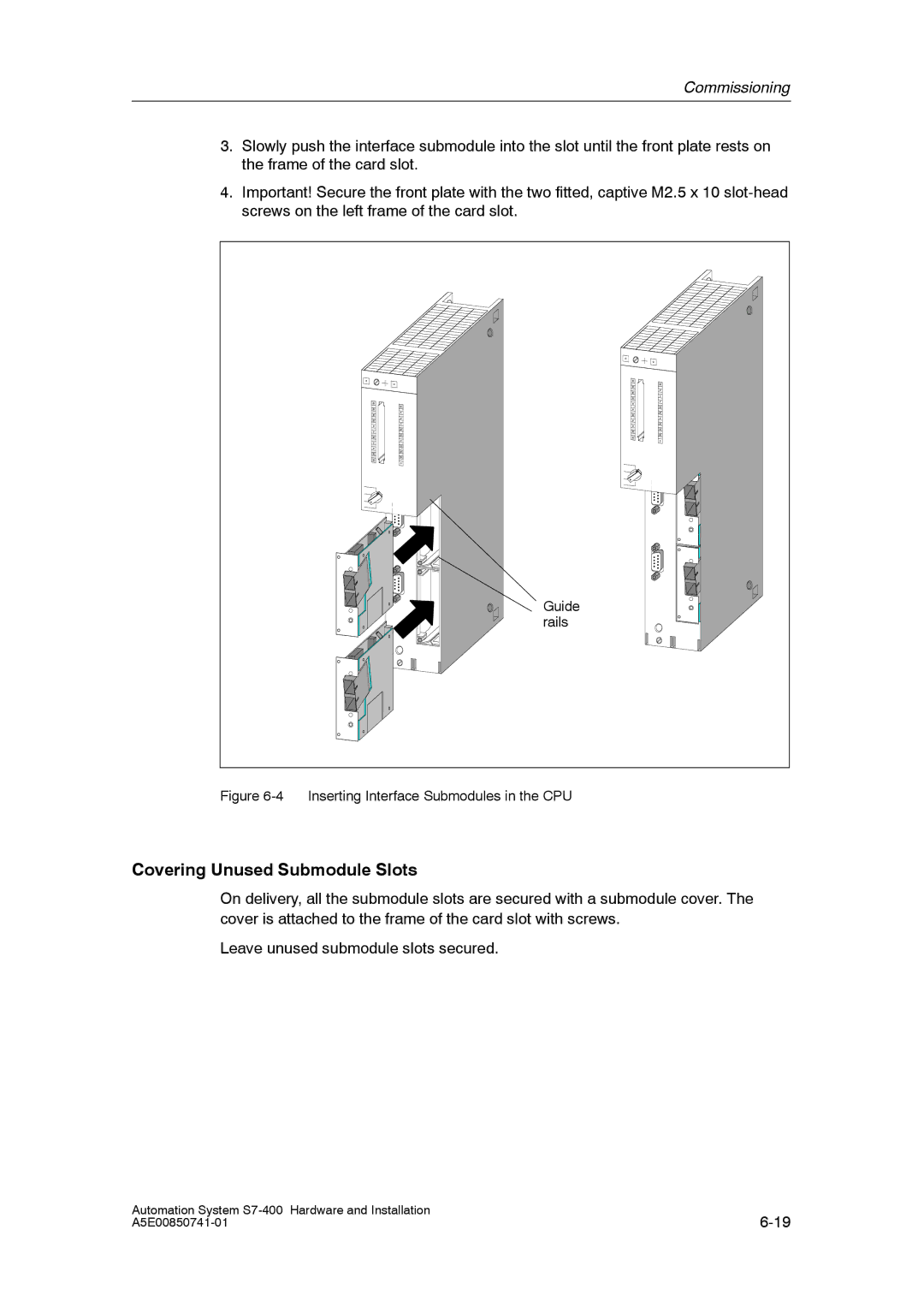 Siemens S7-400 installation manual Covering Unused Submodule Slots, Inserting Interface Submodules in the CPU 