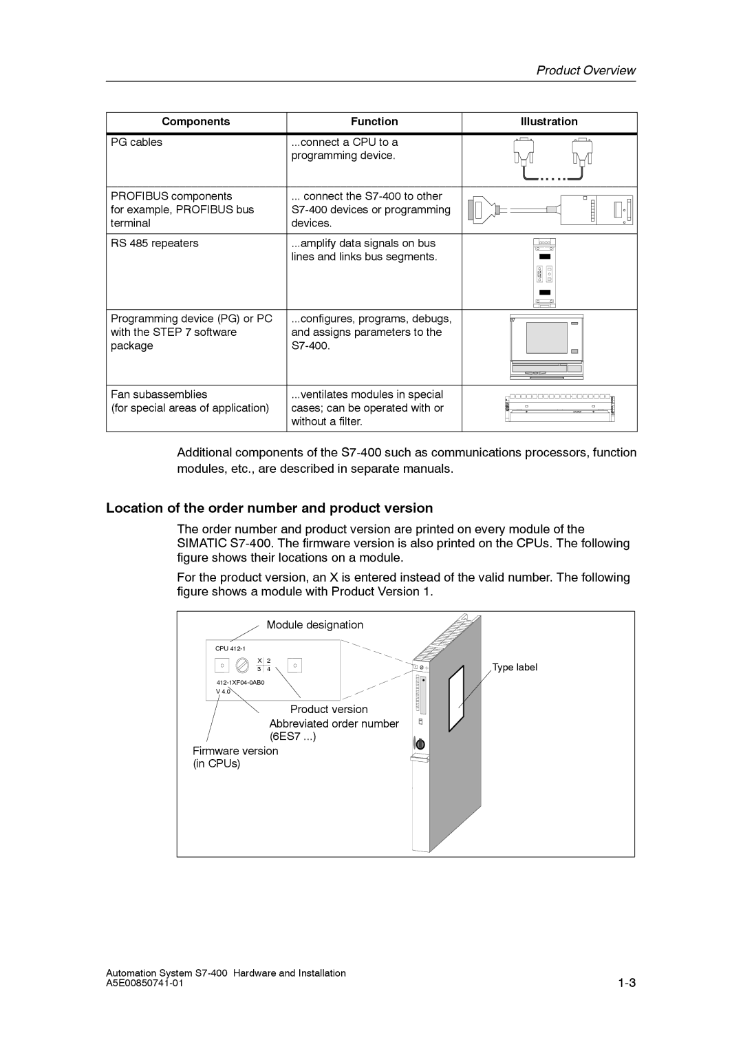 Siemens S7-400 installation manual Location of the order number and product version 