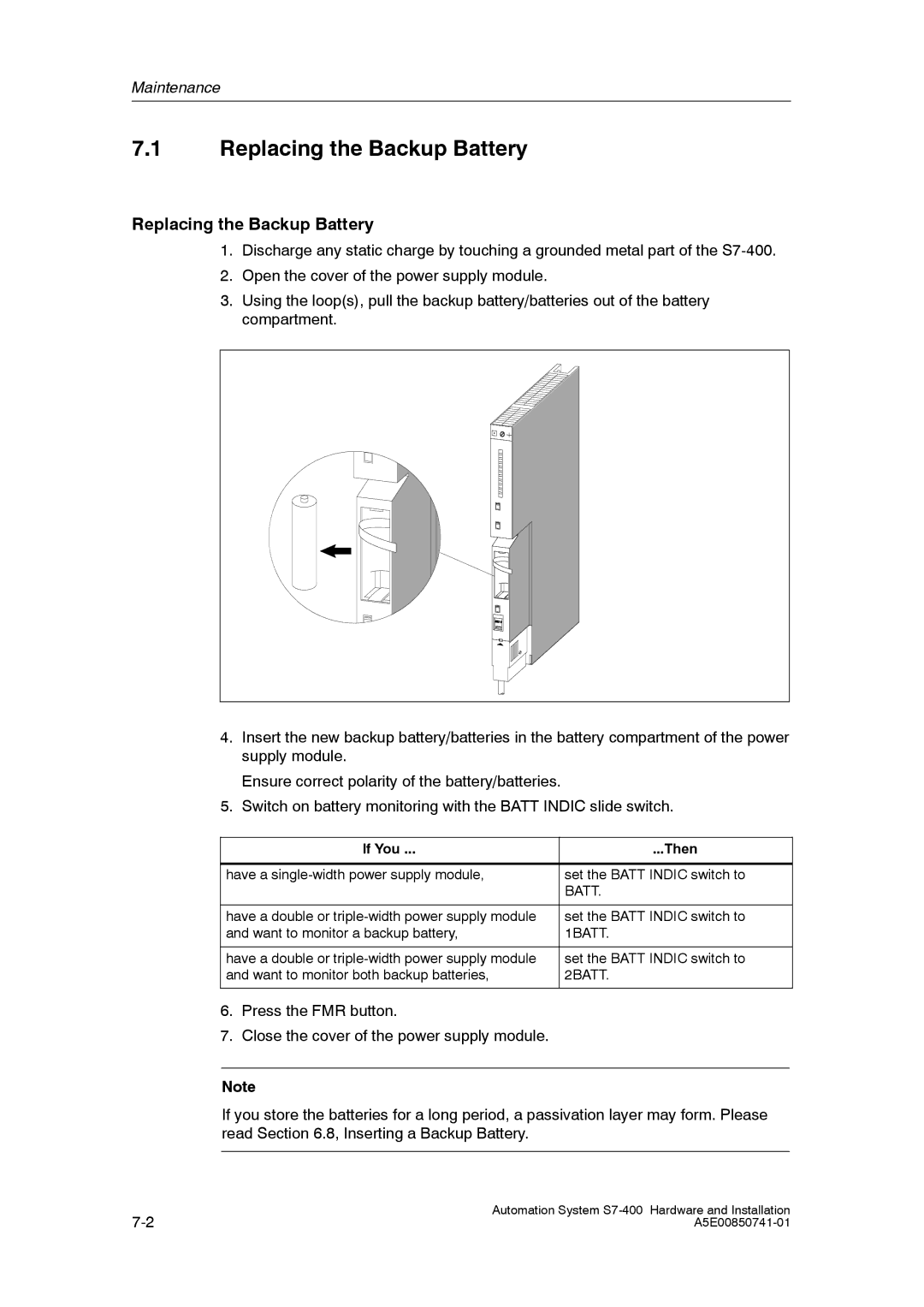 Siemens S7-400 installation manual Replacing the Backup Battery 