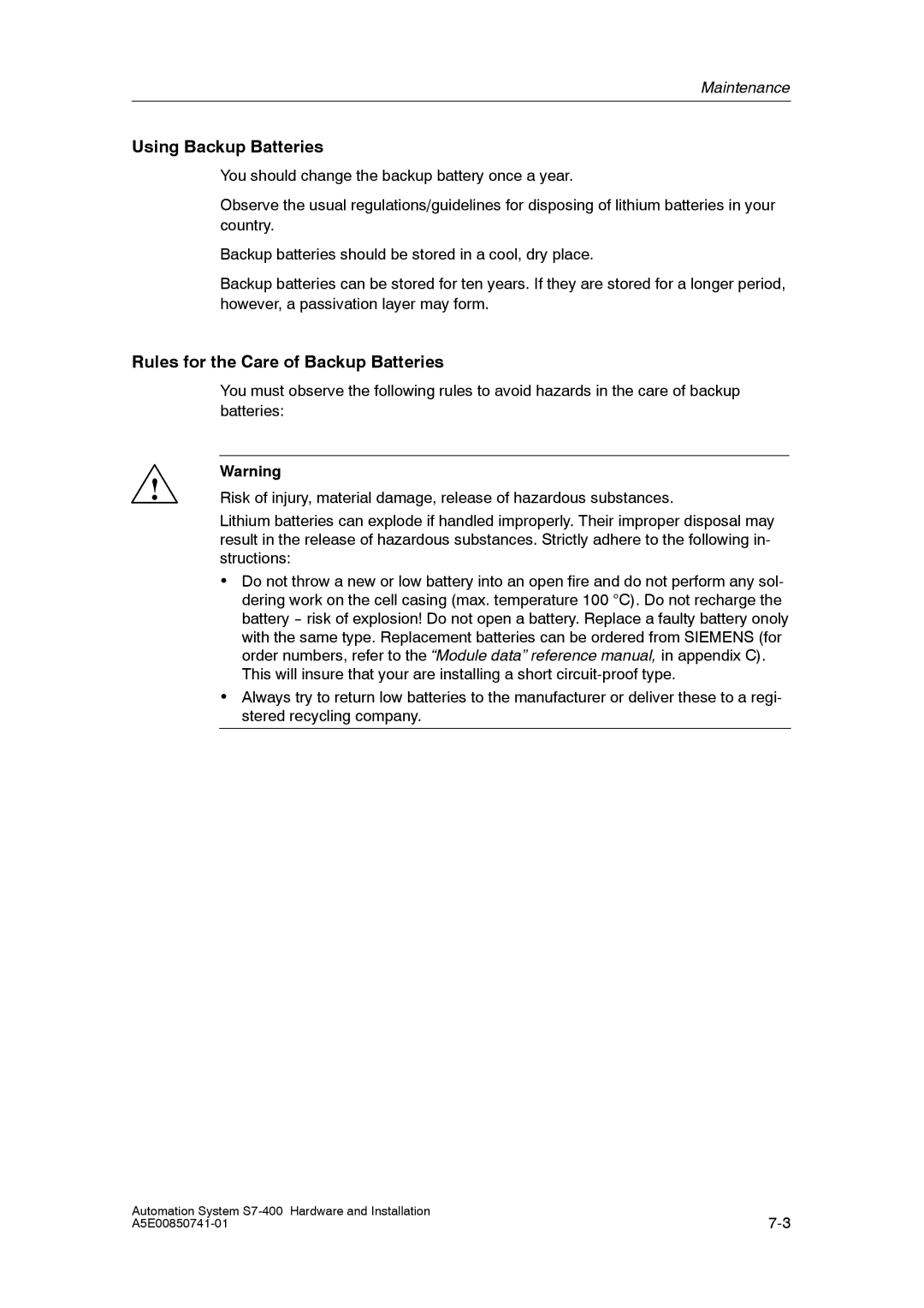 Siemens S7-400 installation manual Using Backup Batteries, Rules for the Care of Backup Batteries 