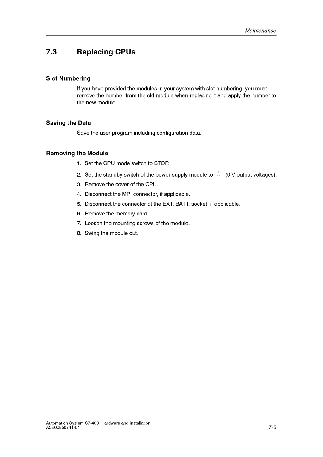 Siemens S7-400 installation manual Replacing CPUs, Saving the Data, Removing the Module 