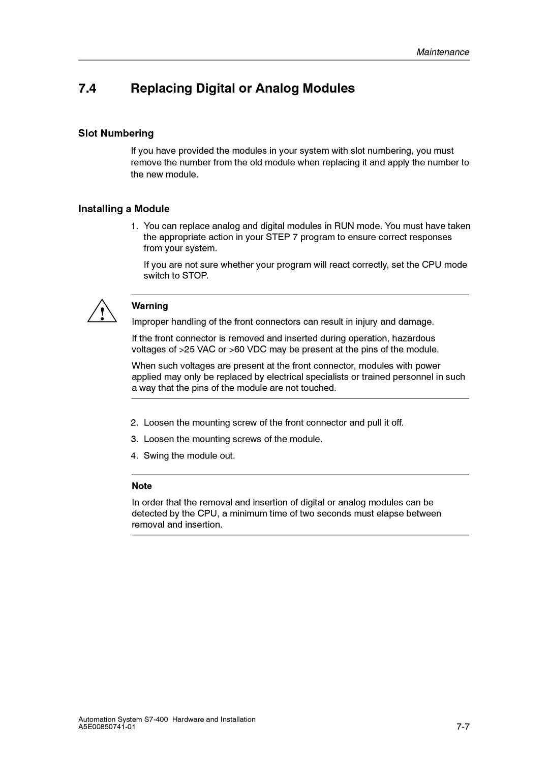 Siemens S7-400 installation manual Replacing Digital or Analog Modules, Installing a Module 