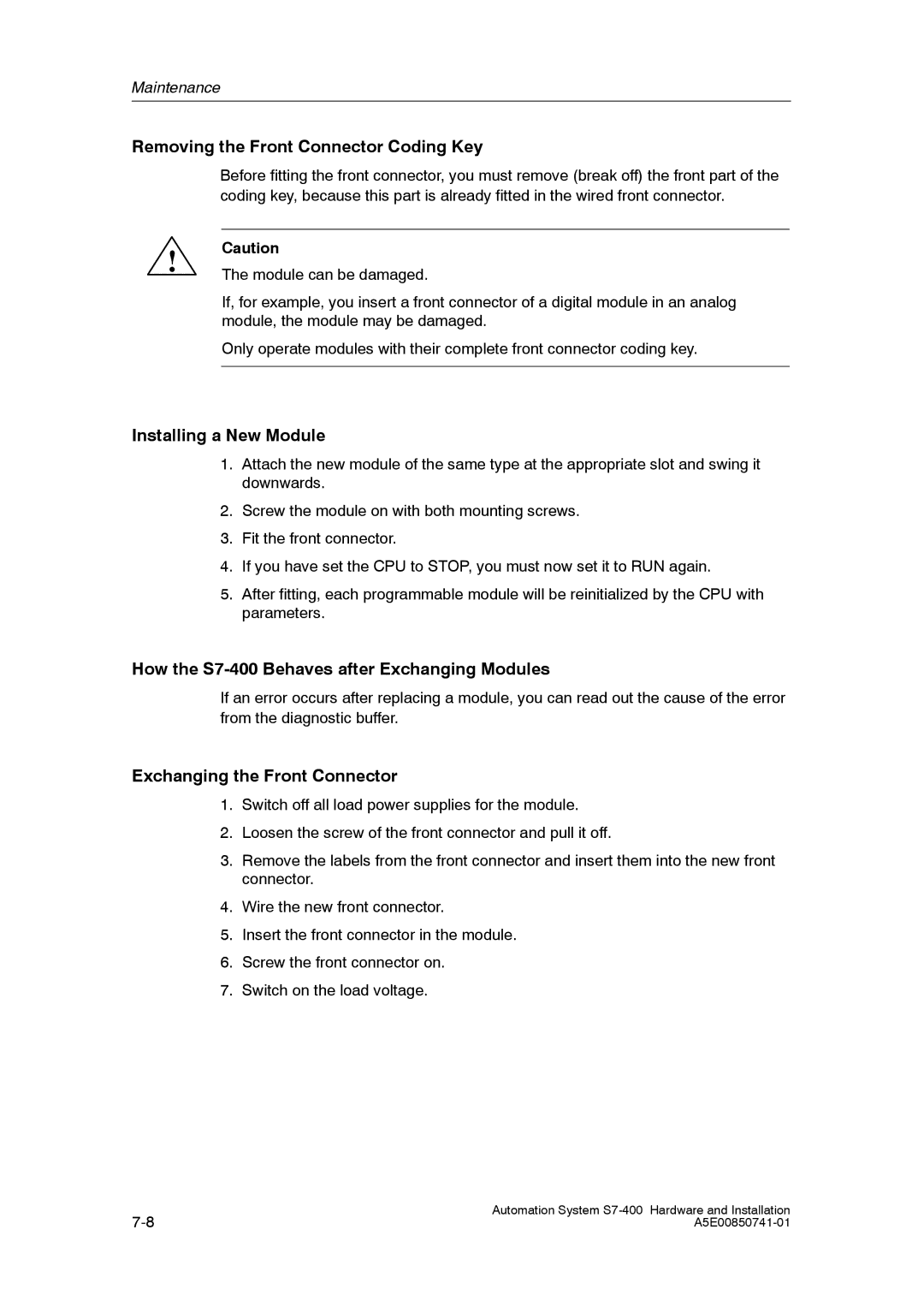 Siemens S7-400 installation manual Removing the Front Connector Coding Key, Exchanging the Front Connector 