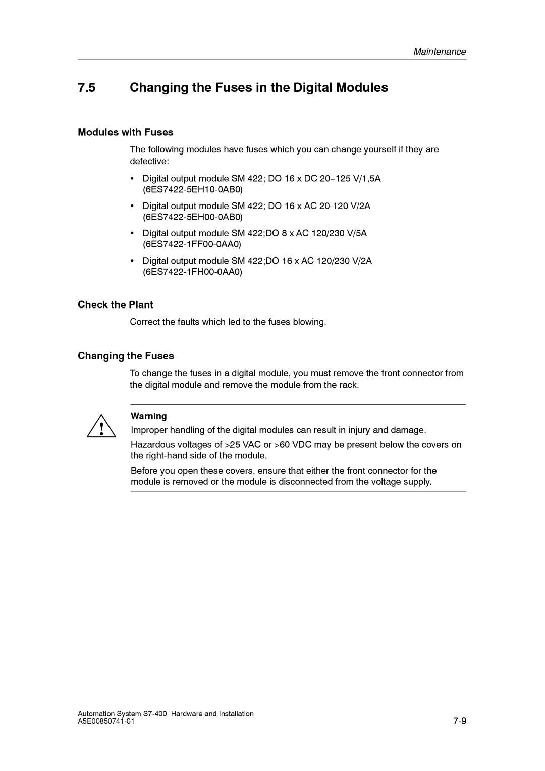 Siemens S7-400 installation manual Changing the Fuses in the Digital Modules, Modules with Fuses, Check the Plant 