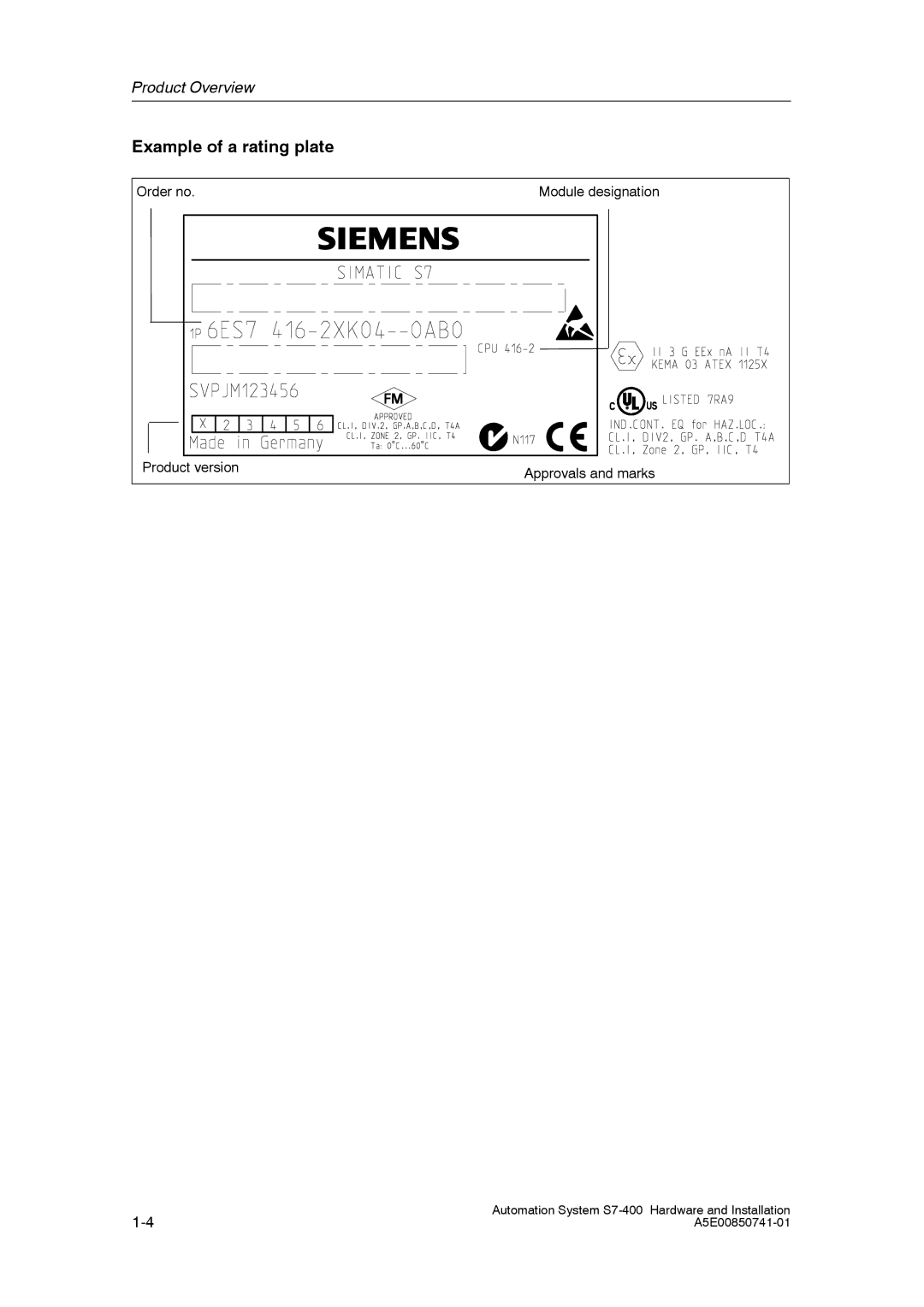 Siemens S7-400 installation manual Example of a rating plate 