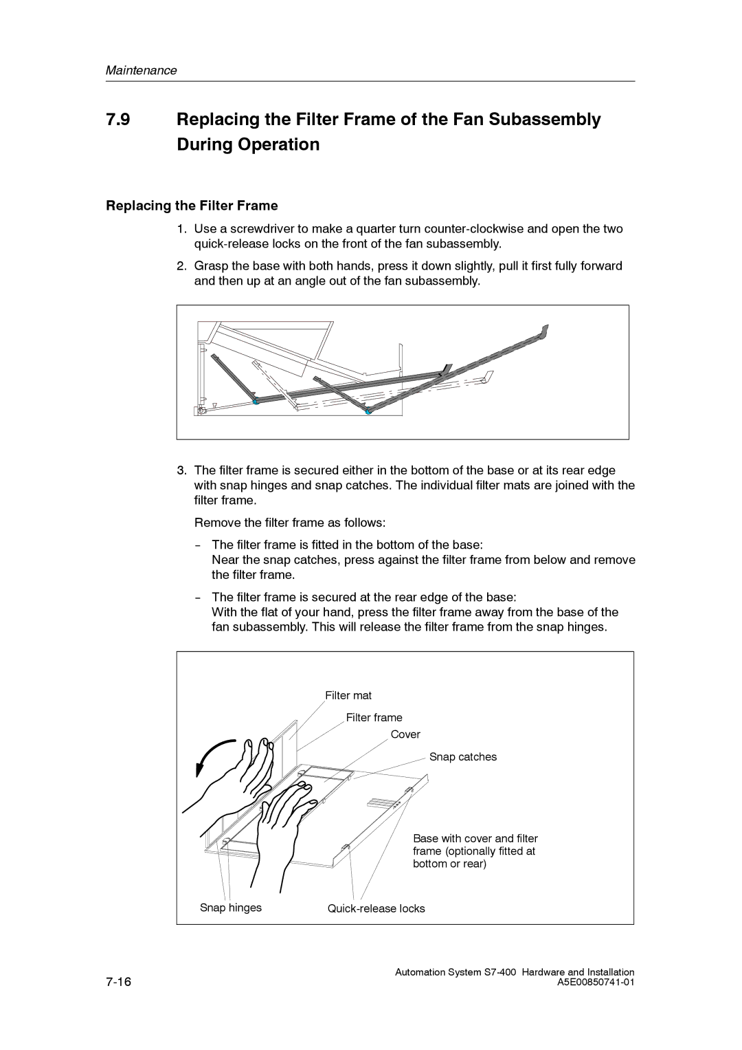 Siemens S7-400 installation manual Replacing the Filter Frame 