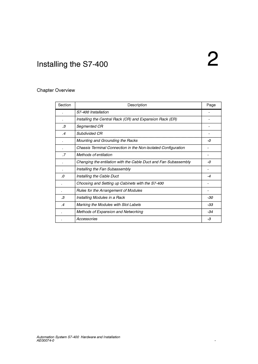 Siemens S7-400 installation manual Chapter Overview, Section Description 