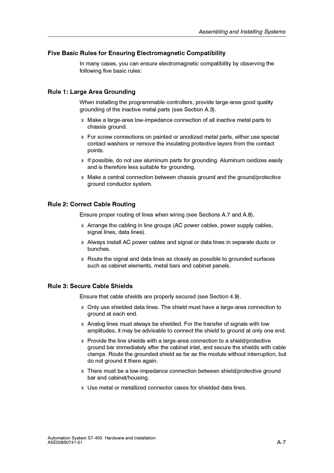 Siemens S7-400 installation manual Five Basic Rules for Ensuring Electromagnetic Compatibility, Rule 1 Large Area Grounding 