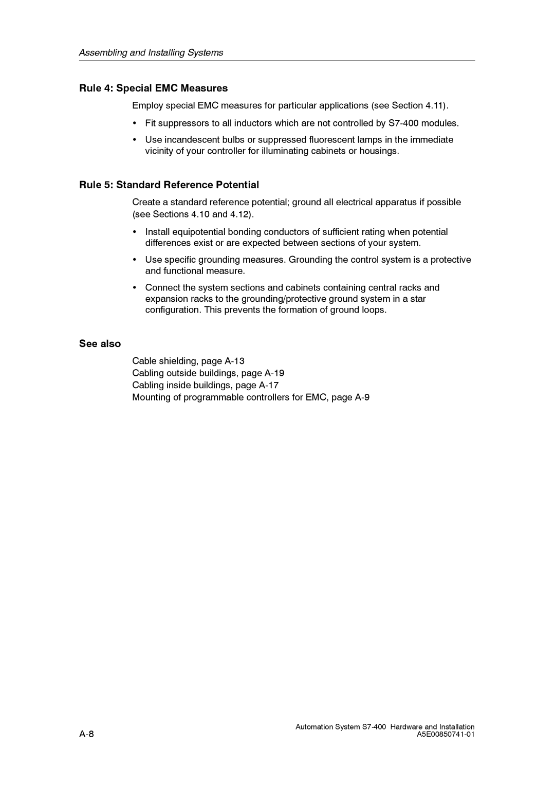 Siemens S7-400 installation manual Rule 4 Special EMC Measures, Rule 5 Standard Reference Potential, See also 