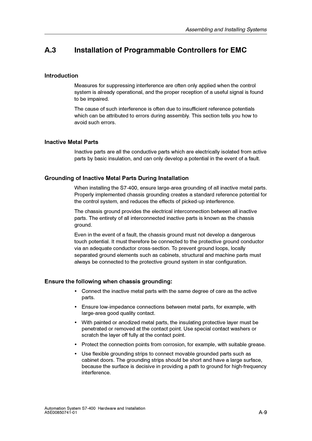 Siemens S7-400 installation manual Installation of Programmable Controllers for EMC, Inactive Metal Parts 