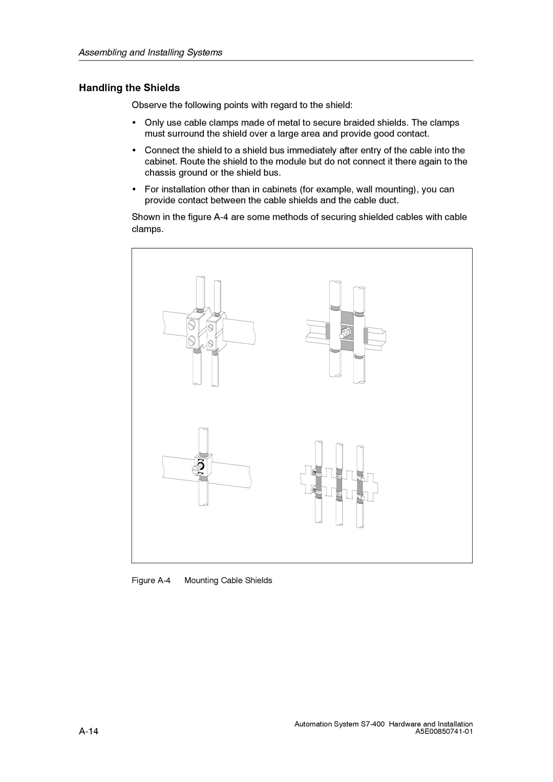 Siemens S7-400 installation manual Handling the Shields, Figure A-4 Mounting Cable Shields 