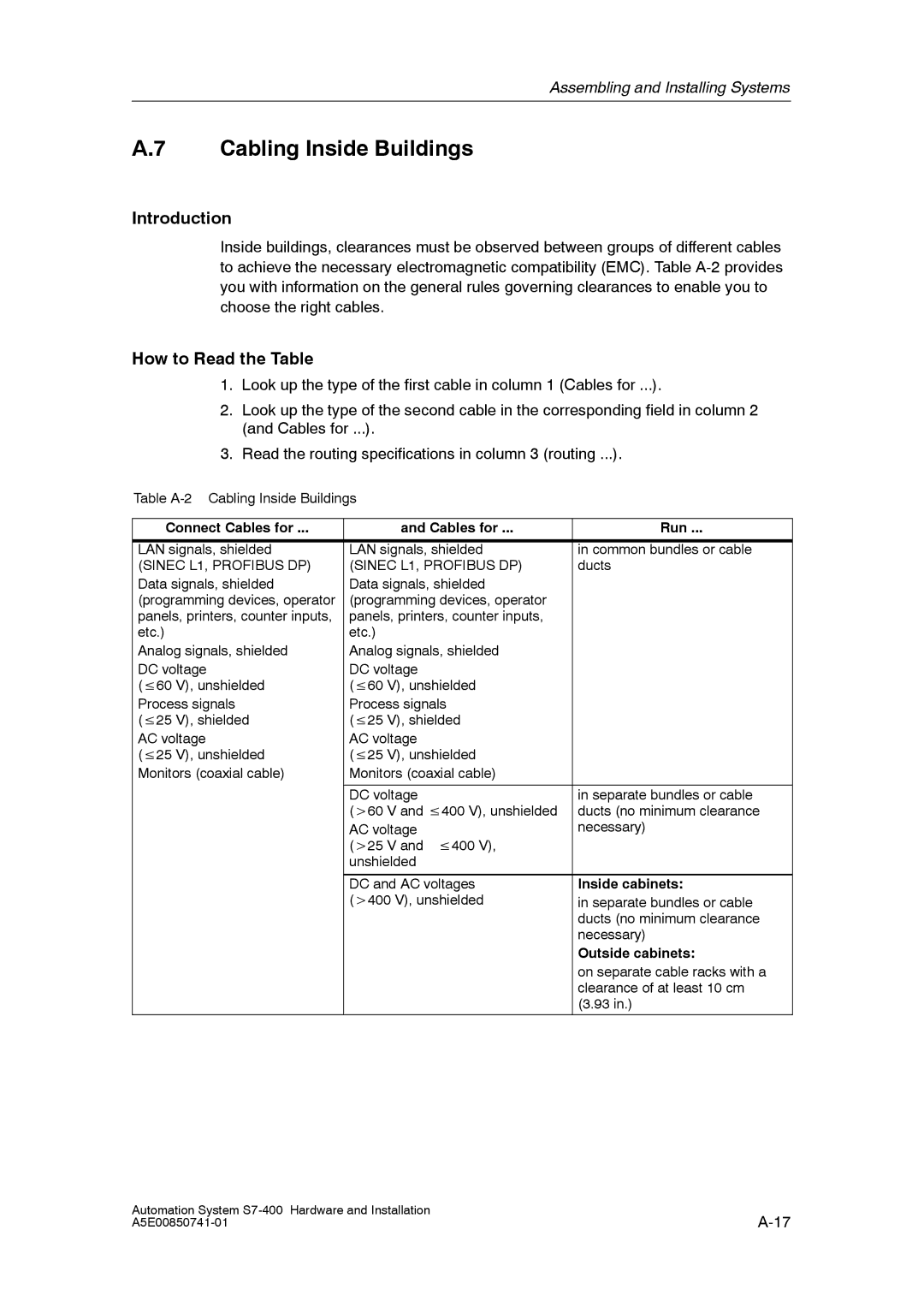 Siemens S7-400 Cabling Inside Buildings, How to Read the Table, Connect Cables for Run, Inside cabinets, Outside cabinets 