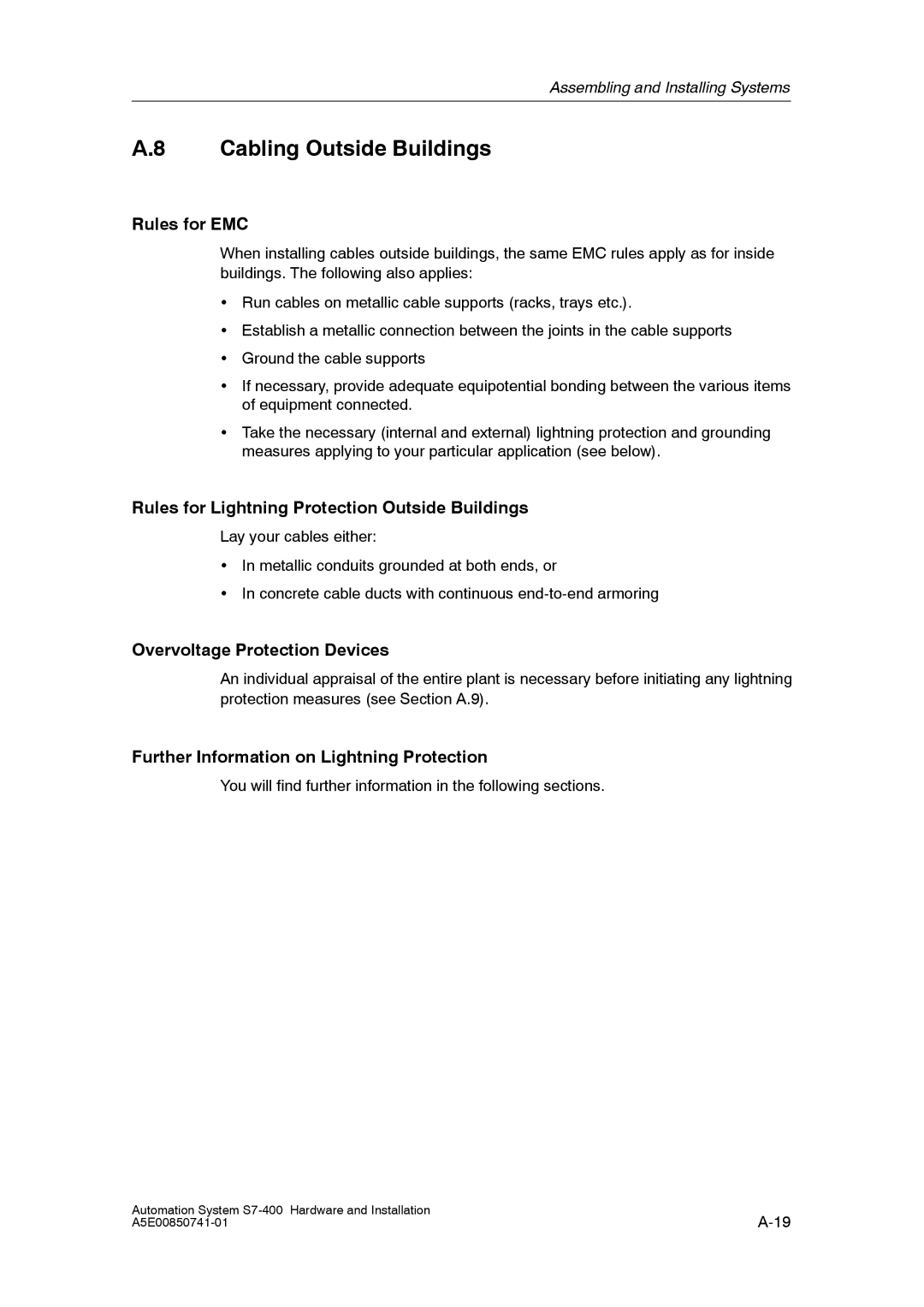 Siemens S7-400 Cabling Outside Buildings, Rules for EMC, Rules for Lightning Protection Outside Buildings 