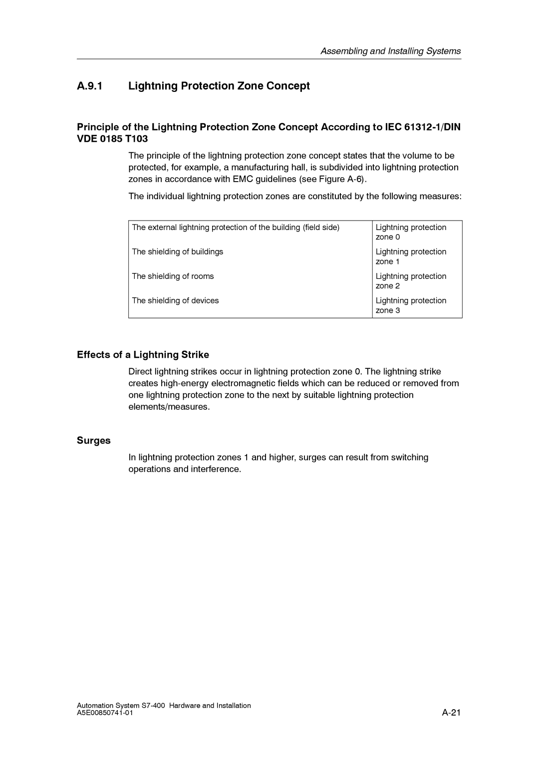 Siemens S7-400 installation manual Effects of a Lightning Strike, Surges 