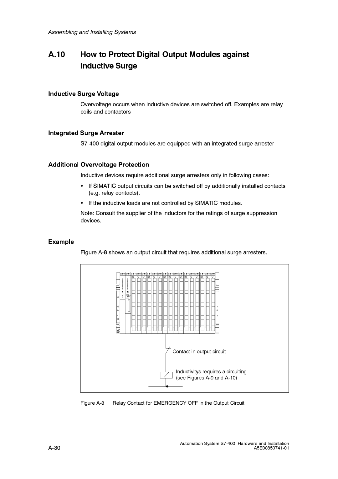 Siemens S7-400 installation manual Inductive Surge Voltage, Integrated Surge Arrester, Additional Overvoltage Protection 