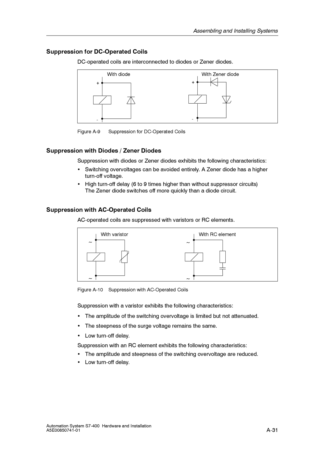 Siemens S7-400 installation manual Suppression for DC-Operated Coils, Suppression with Diodes / Zener Diodes 