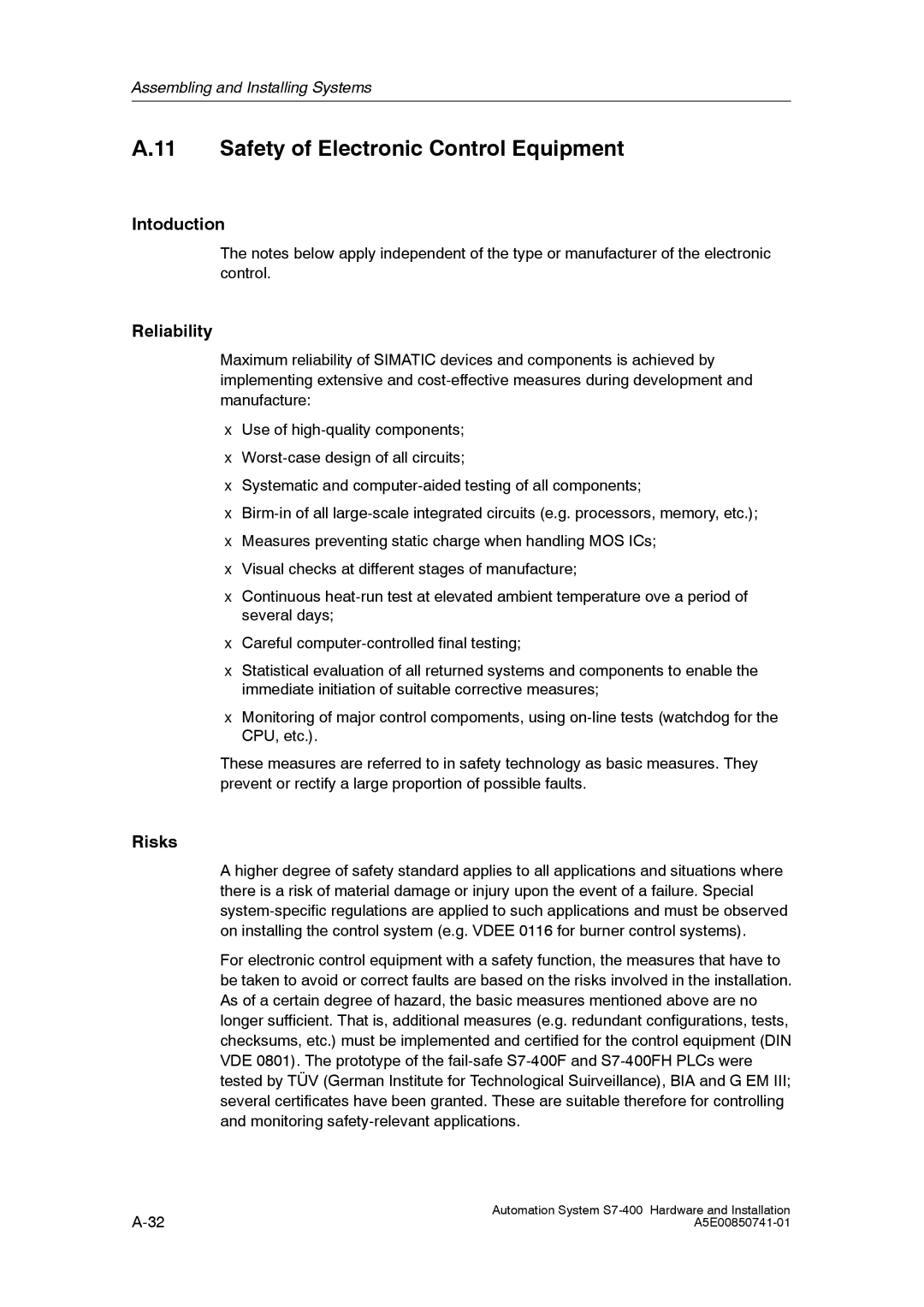 Siemens S7-400 installation manual Safety of Electronic Control Equipment, Intoduction Reliability, Risks 