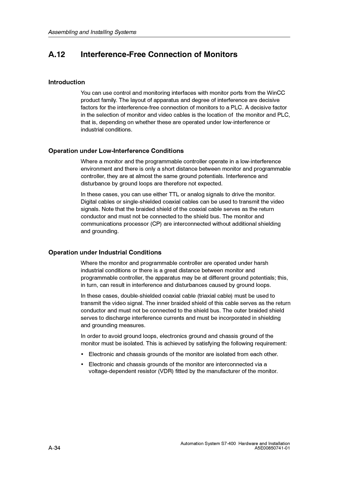 Siemens S7-400 installation manual Interference-Free Connection of Monitors, Operation under Low-Interference Conditions 