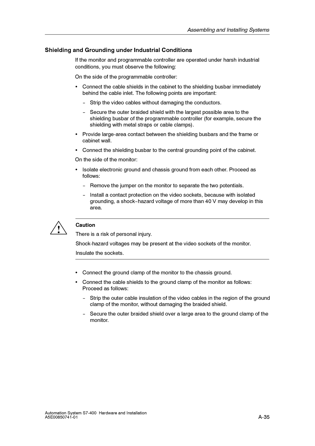 Siemens S7-400 installation manual Shielding and Grounding under Industrial Conditions 