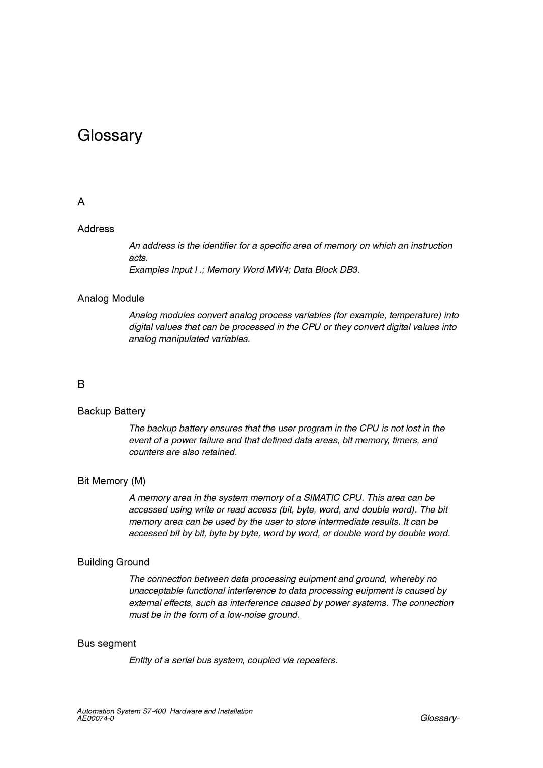 Siemens S7-400 installation manual Address, Analog Module, Backup Battery, Bit Memory M, Building Ground, Bus segment 