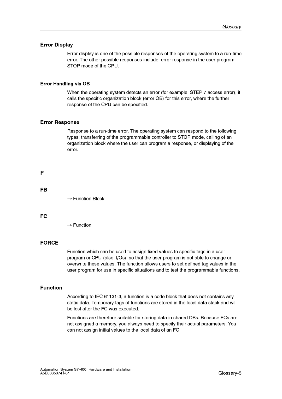 Siemens S7-400 installation manual Error Display, Error Response, Function 